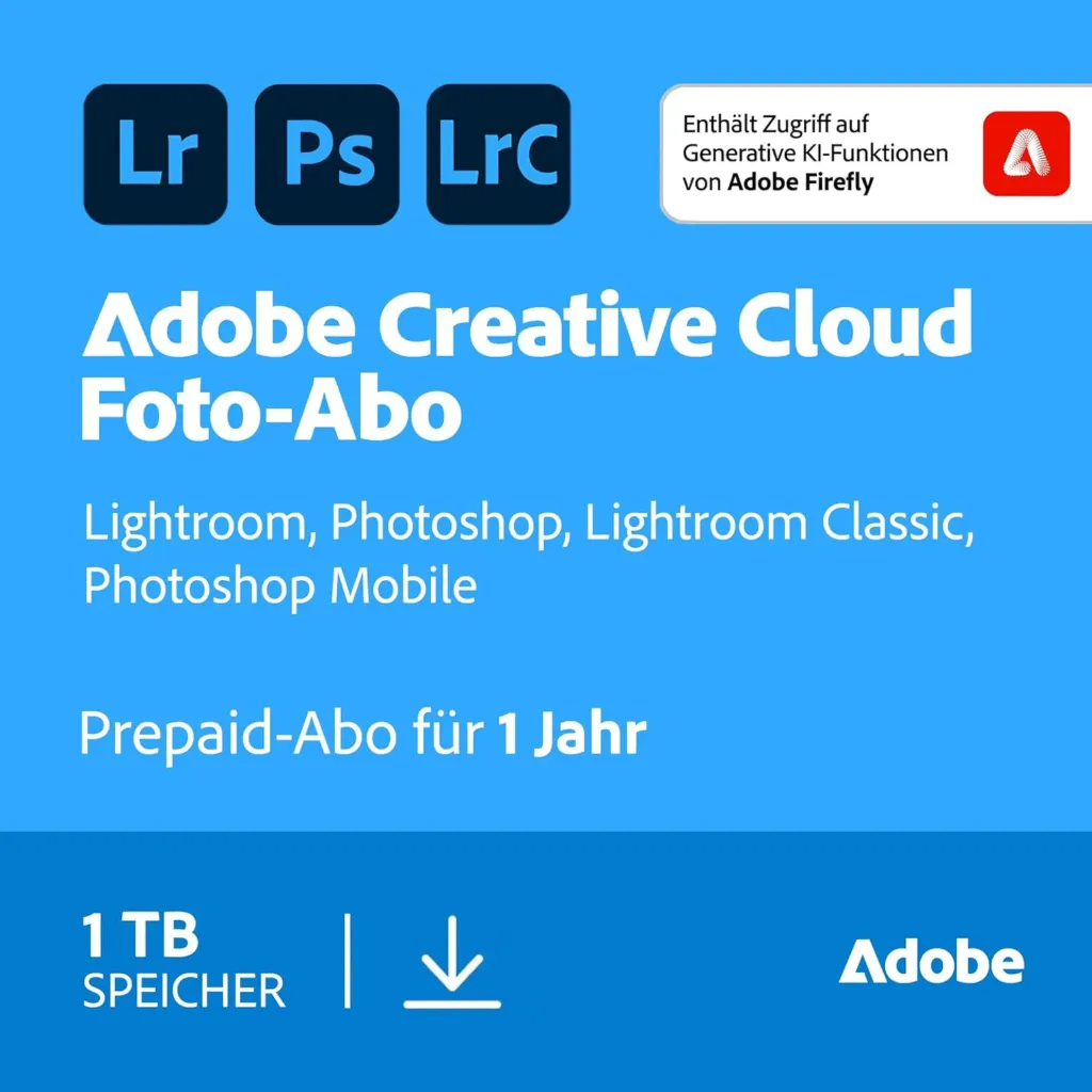 [30009760] Adobe Foto-Abo (Photoshop + Lightroom) inkl. 1TB Cloud-Speicherplatz (Subscription, macOS/Windows, multilingual, Einzelanwender, Adobe)